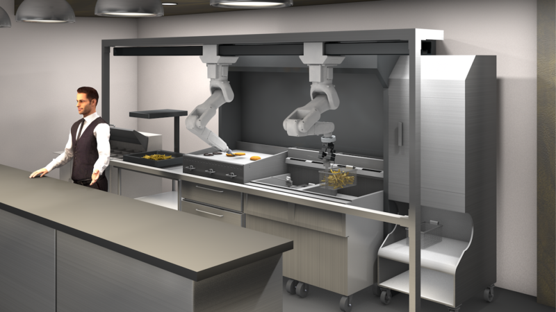 an automated fryer, and a kitchen station with visual AI